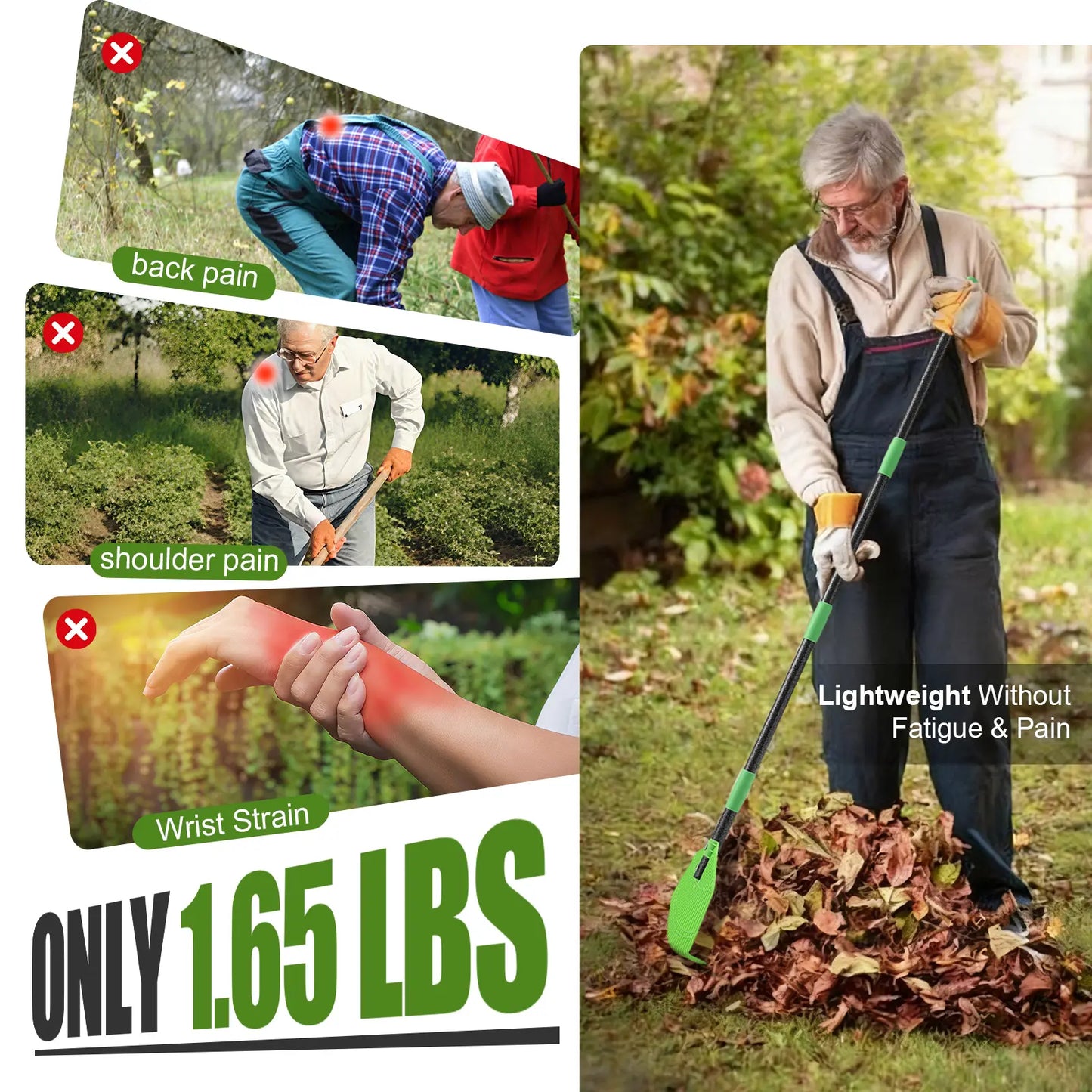Adjustable 65'' Lightweight Plastic Leaf Rake - Ideal for Leaves, Grass, Pine Needles, and Mulch; Gentle on Lawn and Garden - User-Friendly for Women, Seniors, and Children
