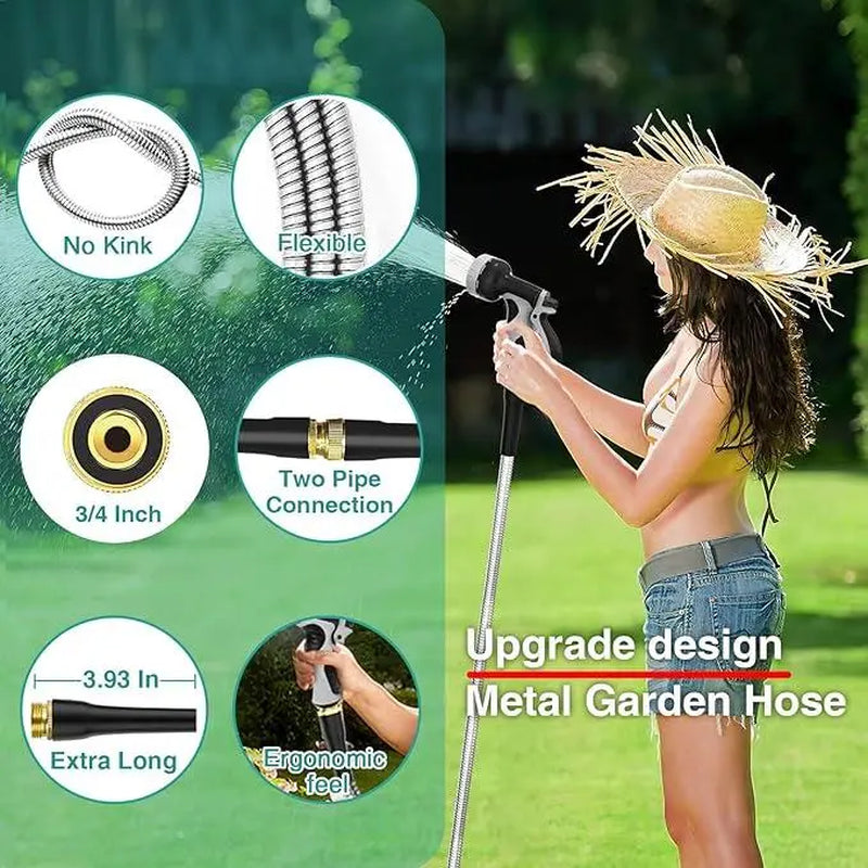 304 Garden Hose Metal 50FT/100FT Stainless Steel Heavy Duty Water Hose with 10 Function Nozzle, No-Kink, Tough & Flexible, Rust Proof for Yard, Outdoor, RV