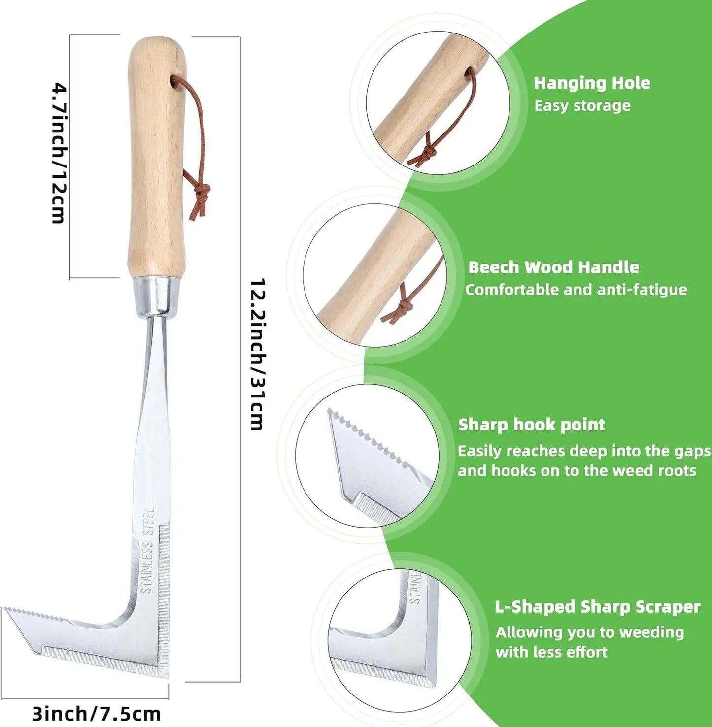 Crack Weeder Tool Stainless Steel Manual Grass Pullerwithbeech Wood Handle for Sidewalk Driveways Patiopavernarrow and Wall Gaps Garden