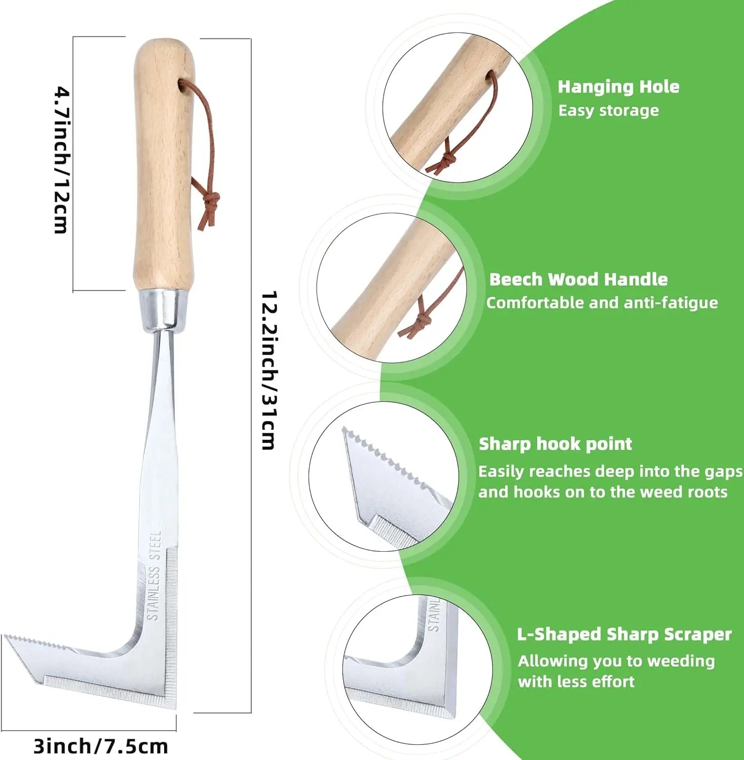 Crack Weeder Tool Stainless Steel Manual Grass Pullerwithbeech Wood Handle for Sidewalk Driveways Patiopavernarrow and Wall Gaps Garden