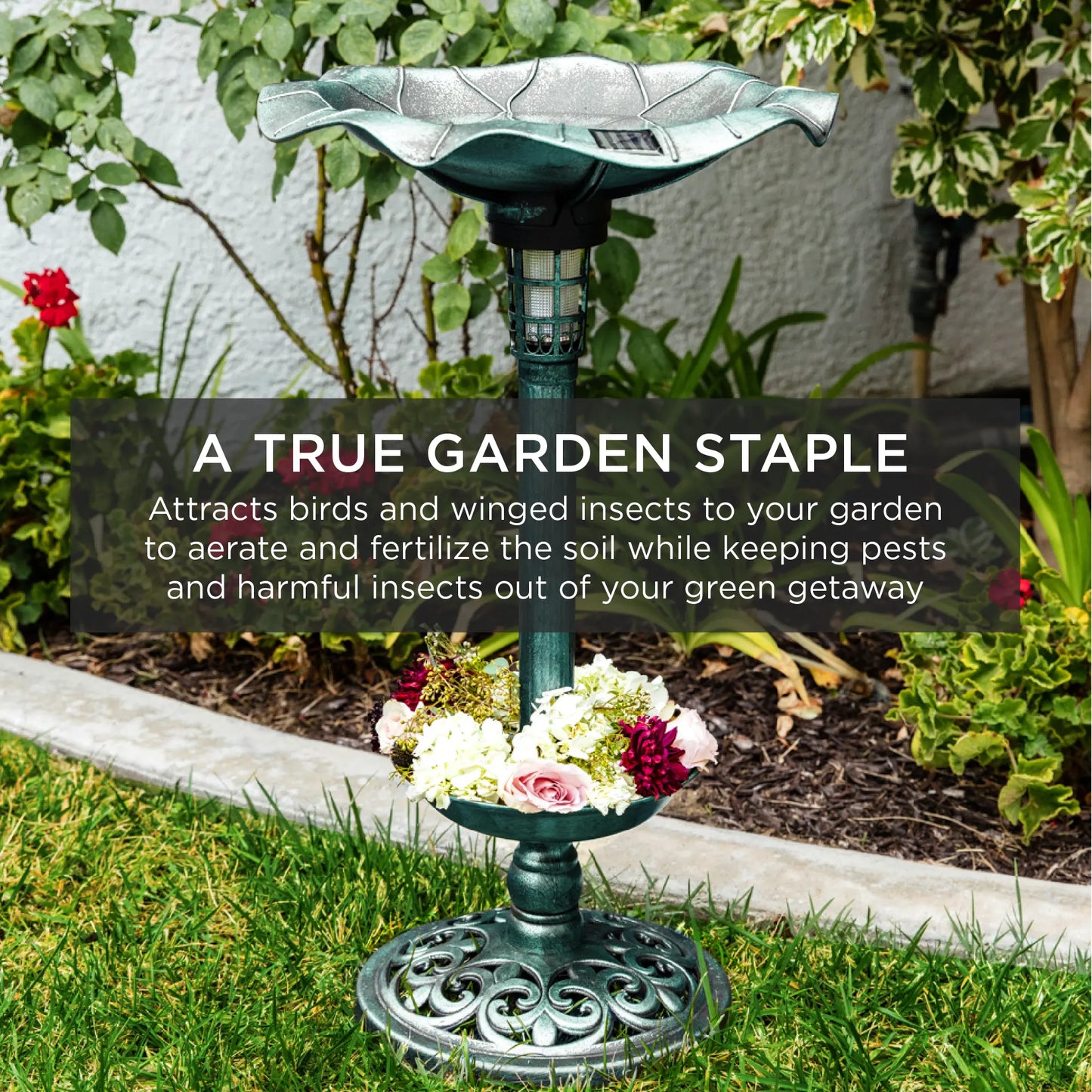 Best Choice Products Solar Lighted Pedestal Bird Bath W/ Planter, Integrated Panel