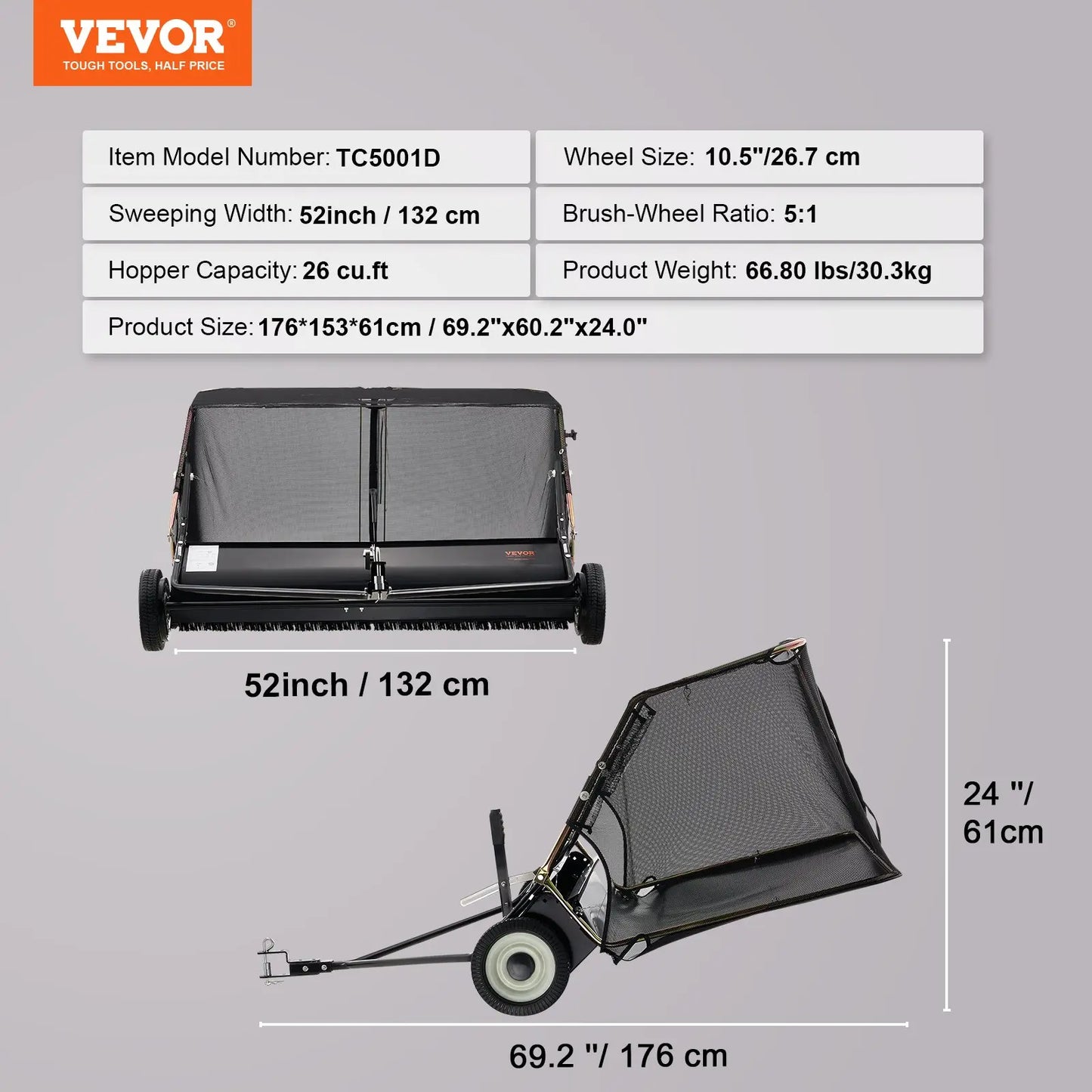 【Dealsforyoudays】Vevor Push Lawn Sweeper 26 Inch Leaf & Grass Collectorstrong Rubber Wheels & Heavy Duty Thickened Steel Durable to Use with Large Capacity 7 Ft³ Mesh Collection Bag4 Spinning Brushes