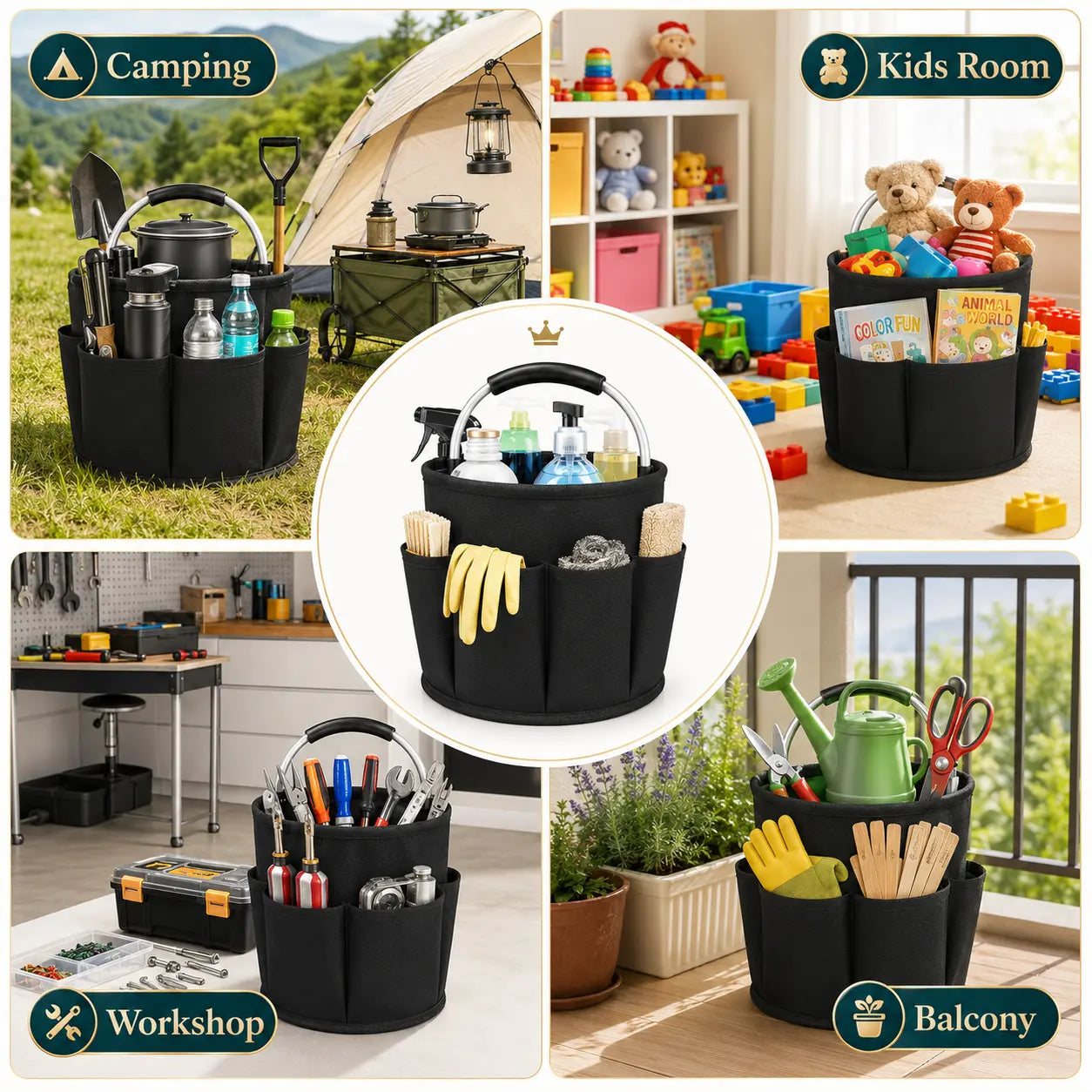 Foldable Garden Tool Bag with 6 Pockets - Foldable Multi-Purpose Storage Bags, Portable Tote with Rounded Handle for Home, Outdoor, Poolside Use, Foldable Storage Bags