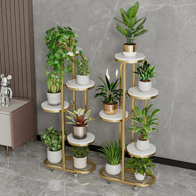 Modern Mobile Plant Stand with Wheels - Gold Metal Indoor Flower Rack, Multi-Tier Display Shelf for Living Room and Office (Space-Saving Design)