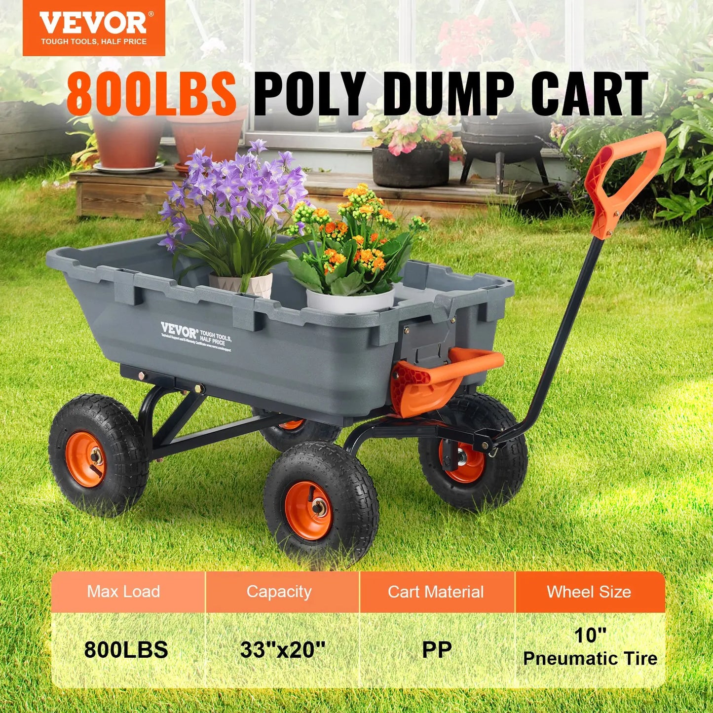 【Dealsforyoudays】Vevor Poly Garden Dump Cart with Easy to Assemble Steel Frame 2-In-1 Convertible Handle13 Inch Tiresmax Capacity 1500 Lbsutility Wheelbarrow Productivity Yard