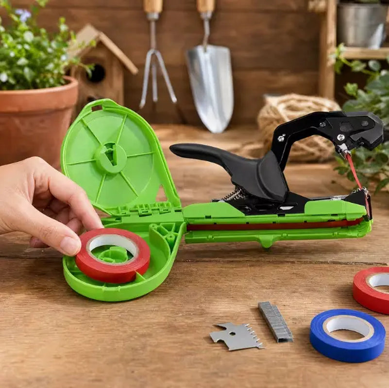 Plant Tying Machine, Lightweight Vine Tying Tape Dispenser, Suitable for Tomatoes, Grapes and Vegetable Gardens, Comes with 10,000 Staples and 10 Rolls of Tape (Green)