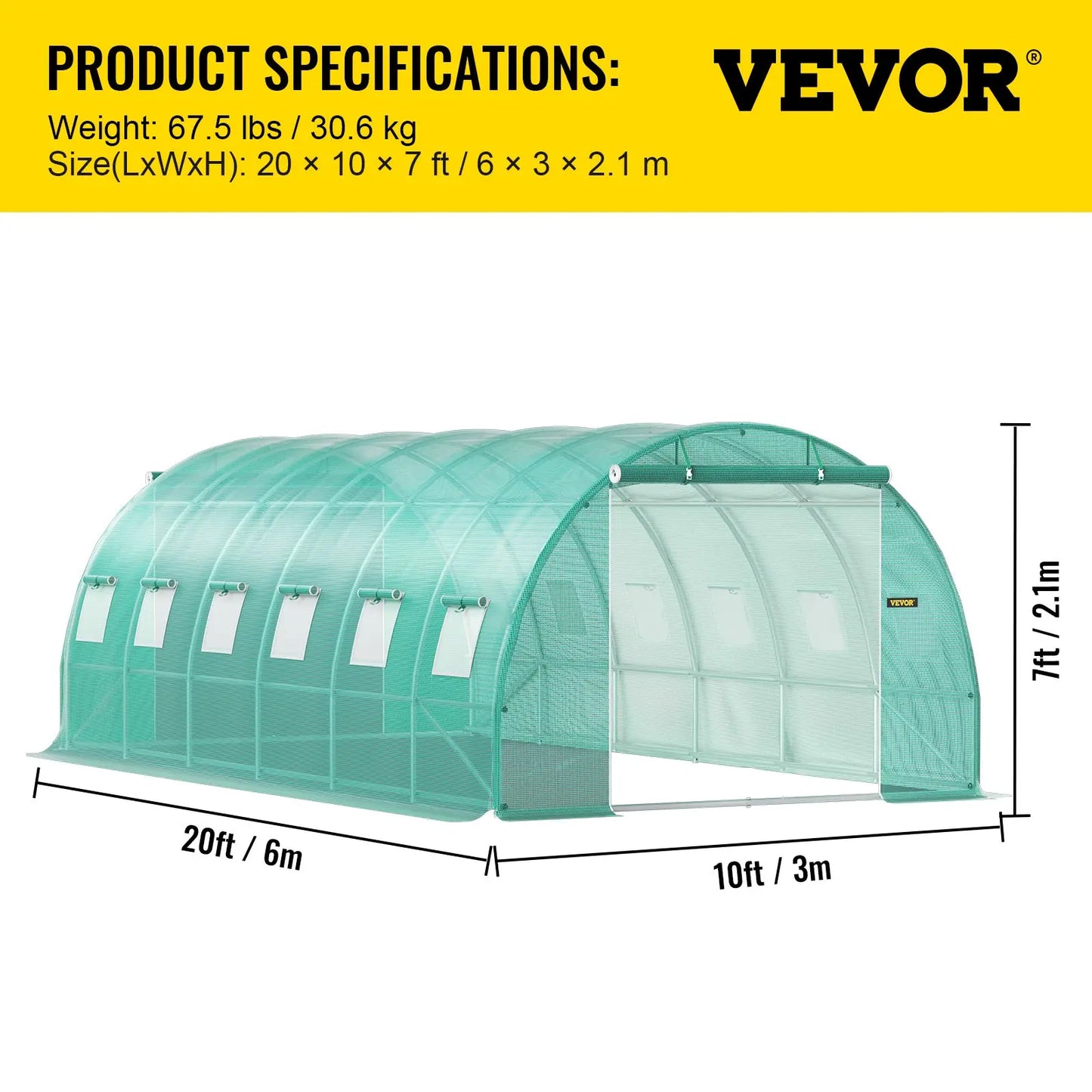 【Fathersdaygift】Vevor Walk-In Tunnel Greenhouse Portable Hot Housemax. 20 X 10 X 7 Ftgalvanized Steel Hoops3 Top Beams2 Zippered Doorsdiagonal Poles, Tunnel Enclosure Houses,Campingessentials,Outdoorfurnitureset,Campinggear