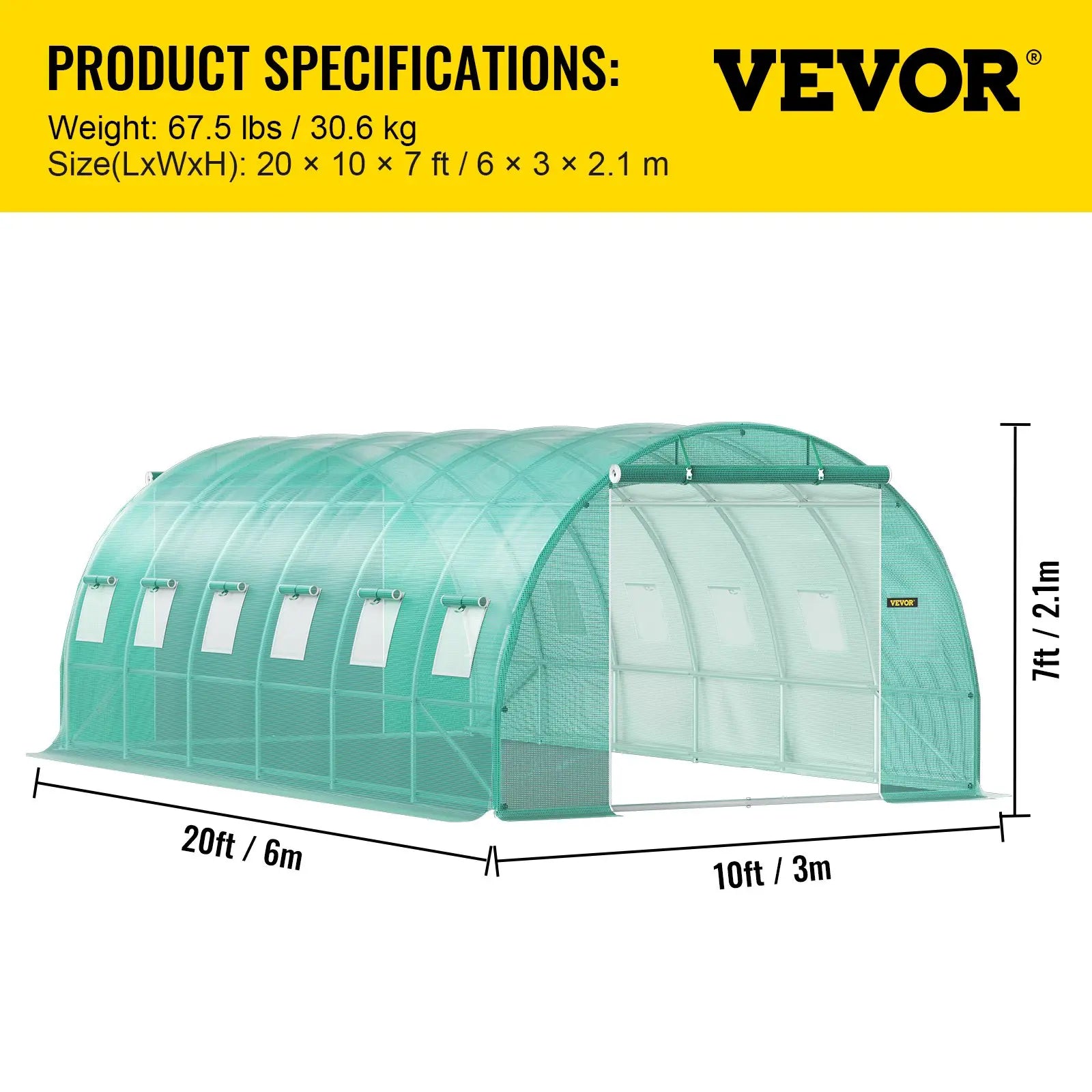 【Fathersdaygift】Vevor Walk-In Tunnel Greenhouse Portable Hot Housemax. 20 X 10 X 7 Ftgalvanized Steel Hoops3 Top Beams2 Zippered Doorsdiagonal Poles, Tunnel Enclosure Houses,Campingessentials,Outdoorfurnitureset,Campinggear