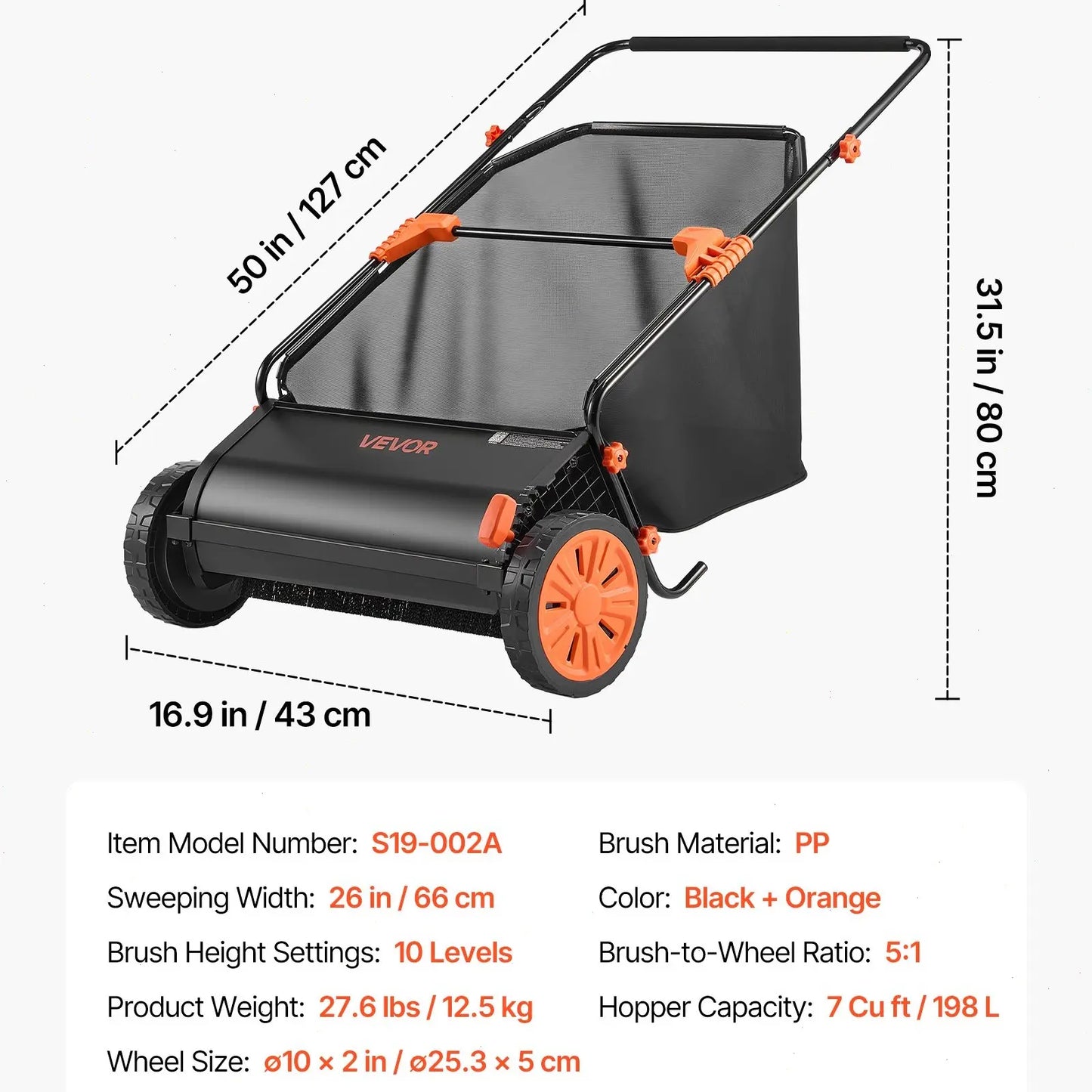 【Dealsforyoudays】Vevor Push Lawn Sweeper 26 Inch Leaf & Grass Collectorstrong Rubber Wheels & Heavy Duty Thickened Steel Durable to Use with Large Capacity 7 Ft³ Mesh Collection Bag4 Spinning Brushes