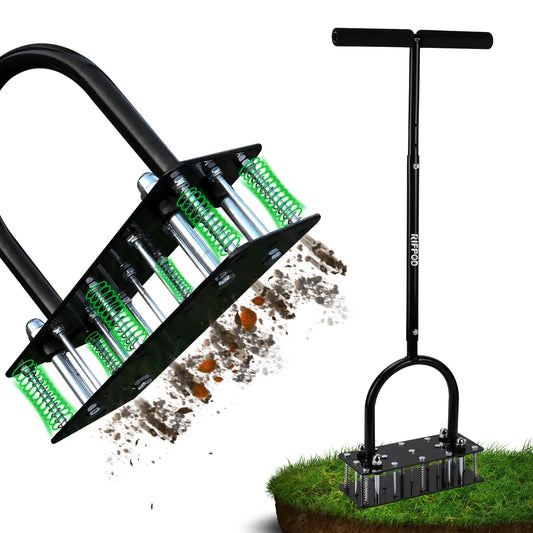 【Dealsforyoudays】Rifpod Lawn Aerator - Aerator Lawn Tool, Automatic Dirt and Leaf Clean Design, Heavy Duty Manual Lawn Aerator Tool with 15 Iron Spikes, Height Adjustable, Yard Grass Aerator for Lawn (Black)