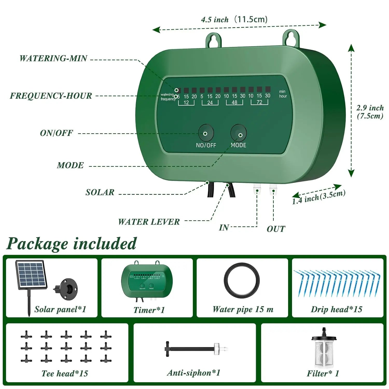 Solar-Powered Automatic Drip Irrigation Kit with Timer, 12 Modes, Water Level Alarm, 15 Plants, 15M Tube & Drippers, for Indoor Outdoor Garden, Balcony, Greenhouse & Potted Plants