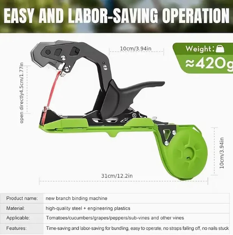 Plant Tying Machine, Lightweight Vine Tying Tape Dispenser, Suitable for Tomatoes, Grapes and Vegetable Gardens, Comes with 10,000 Staples and 10 Rolls of Tape (Green)