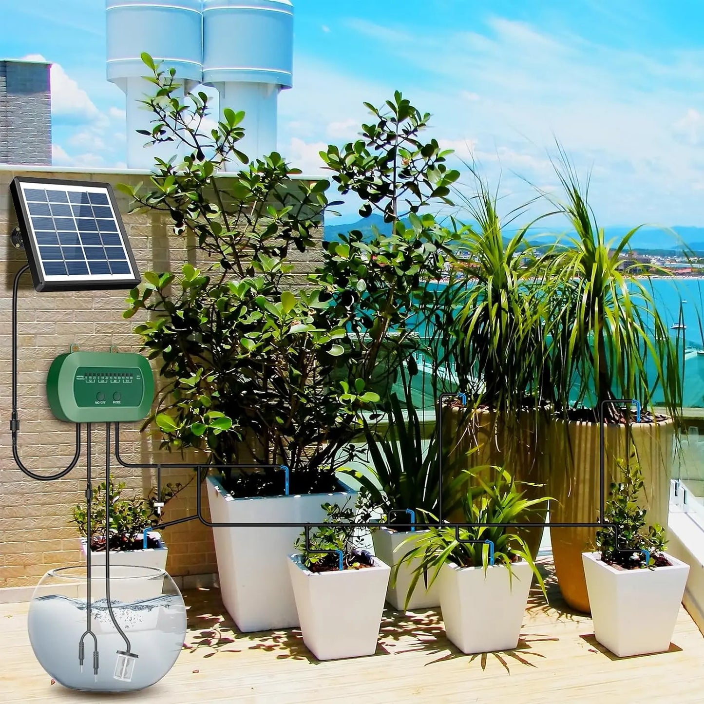 Solar-Powered Automatic Drip Irrigation Kit with Timer, 12 Modes, Water Level Alarm, 15 Plants, 15M Tube & Drippers, for Indoor Outdoor Garden, Balcony, Greenhouse & Potted Plants