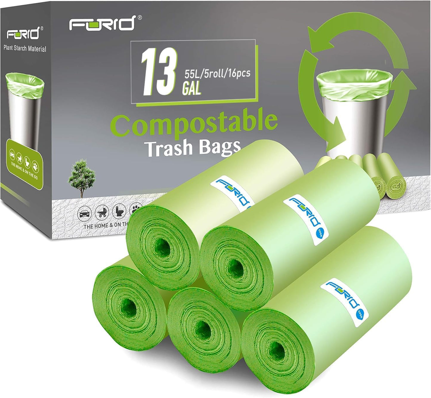 Compostable 13-Gallon Tall Kitchen Trash Bags - 80 Count Unscented Waste Liners for Bathroom, Home, Bedroom, and Office (5 Rolls, Green)