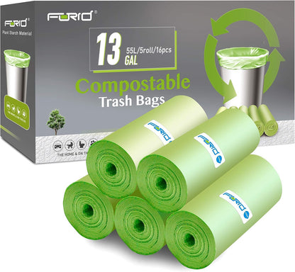 Compostable 13-Gallon Tall Kitchen Trash Bags - 80 Count Unscented Waste Liners for Bathroom, Home, Bedroom, and Office (5 Rolls, Green)