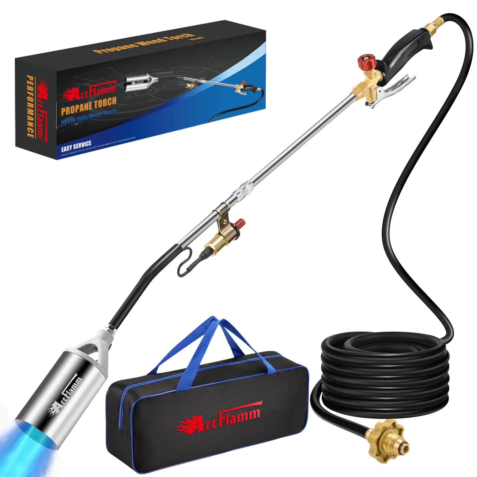 【Dealsforyoudays】Artflamm Springtok Propane Torch Weed Burner Kit with Storage Bag, Weed Torch with 10 FT Hose, Self Igniter Weed Flame Torch for Fire Pit, Roofing(Propane Tank Not Included)